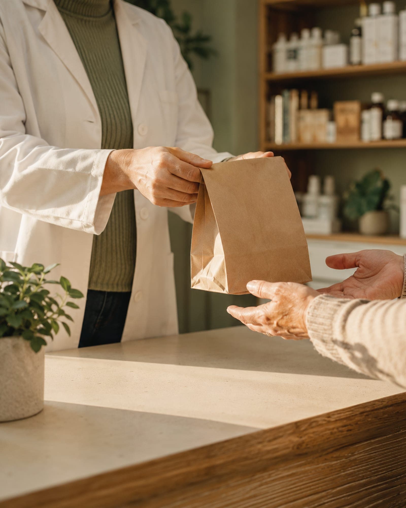 Une pharmacienne accueille un patient à la pharmacie Uniprix de Laval.
