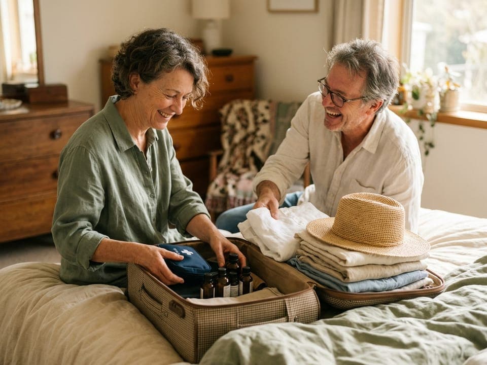 Un couple prépare sa trousse santé avant un voyage