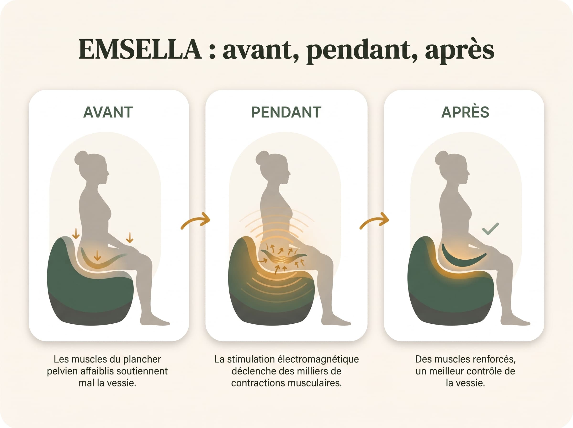 Schéma en trois étapes : avant le traitement, les muscles du plancher pelvien affaiblis; pendant, la stimulation électromagnétique les contracte; après, le soutien et le contrôle de la vessie sont retrouvés